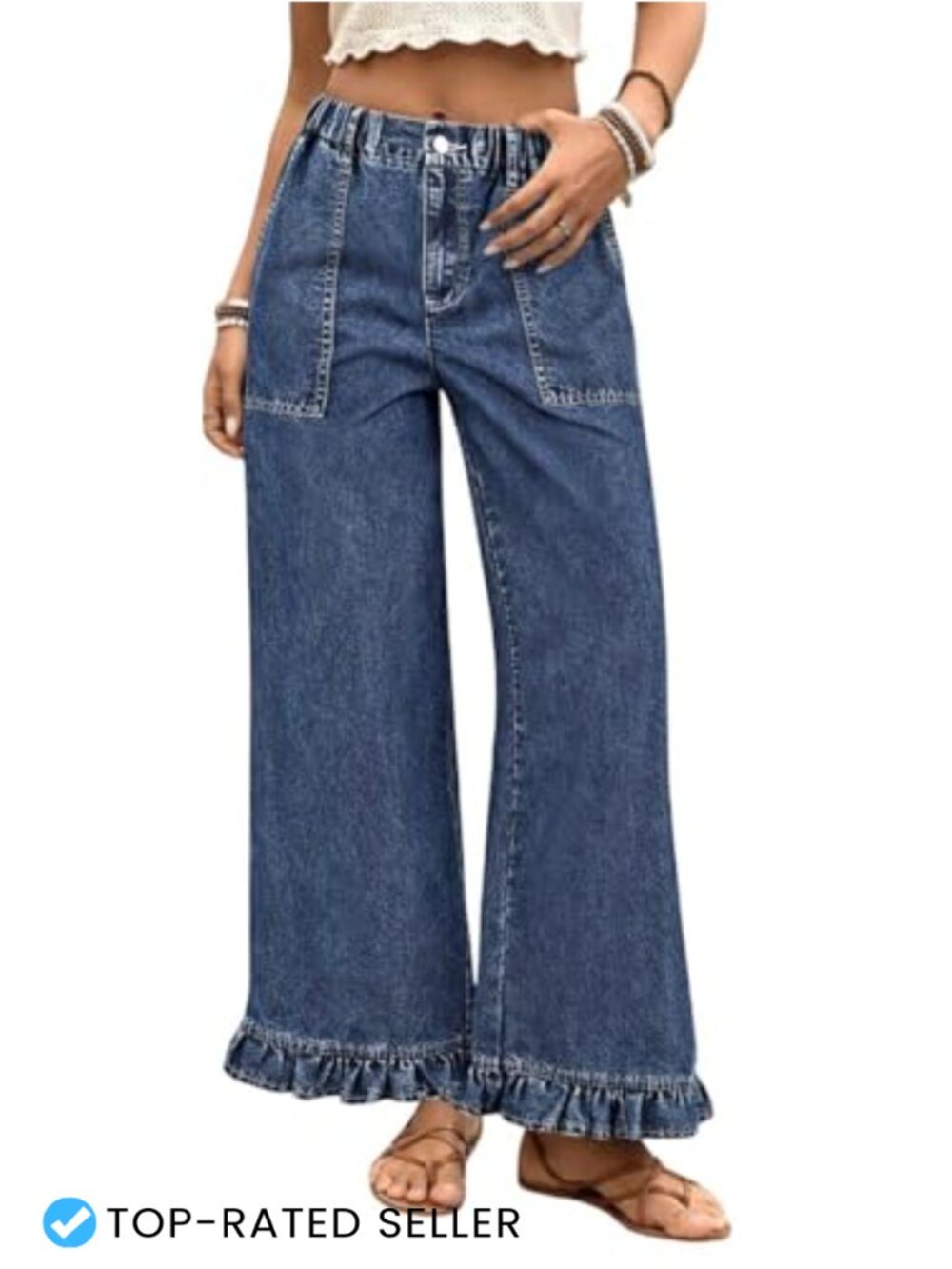 Wide Leg Ruffle Hem Jeans High Waist Flared Denim Pants
